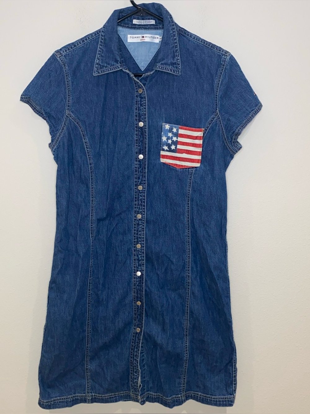 Vintage Tommy Hilfiger Denim Shirt Dress American Flag Chest Pocket Woman’s 14